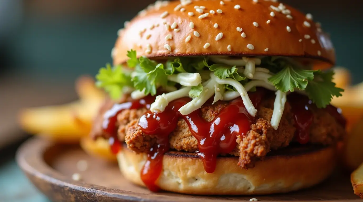 Perfectly assembled BBQ chicken sandwich with coleslaw