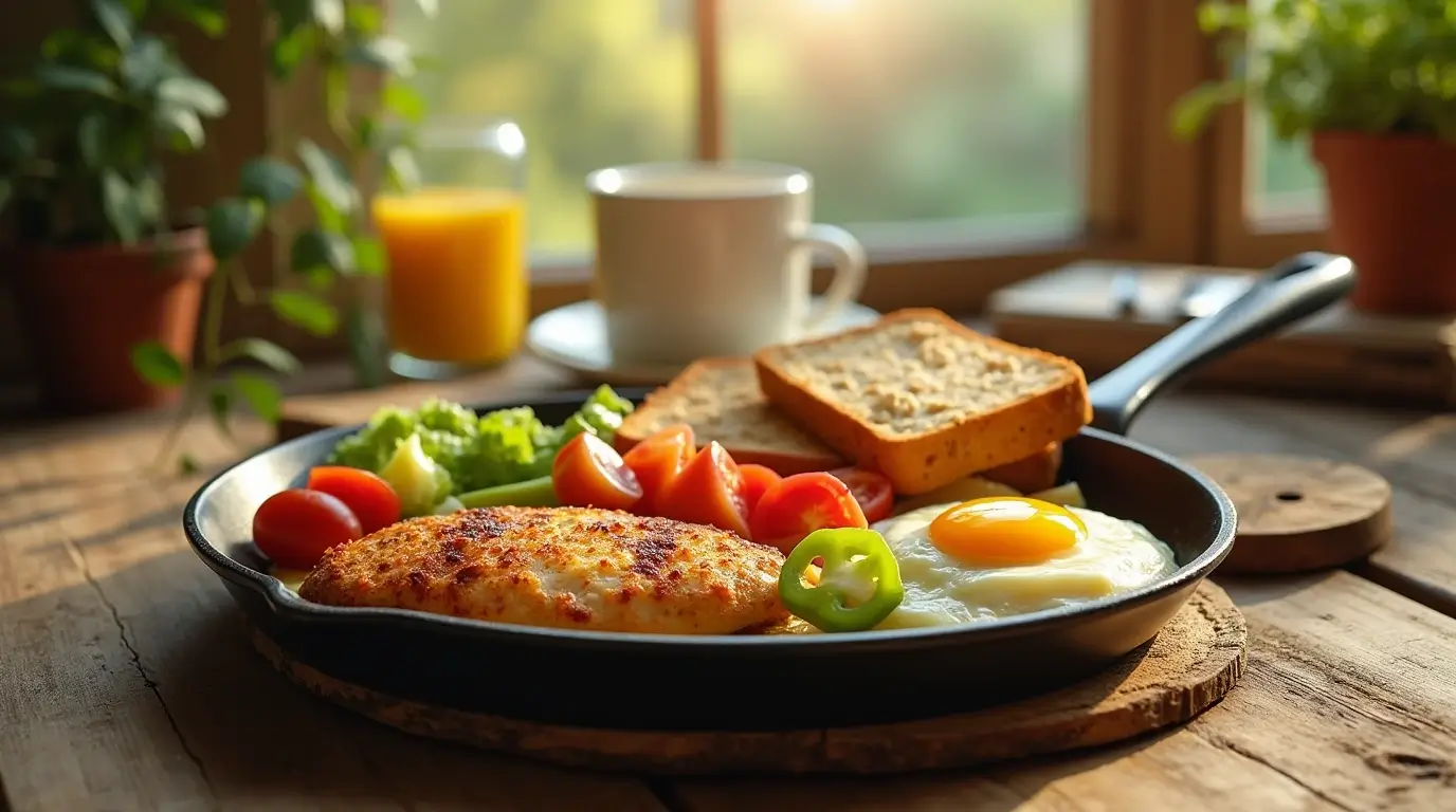 Chicken breakfast skillet with eggs and toast on a wooden table