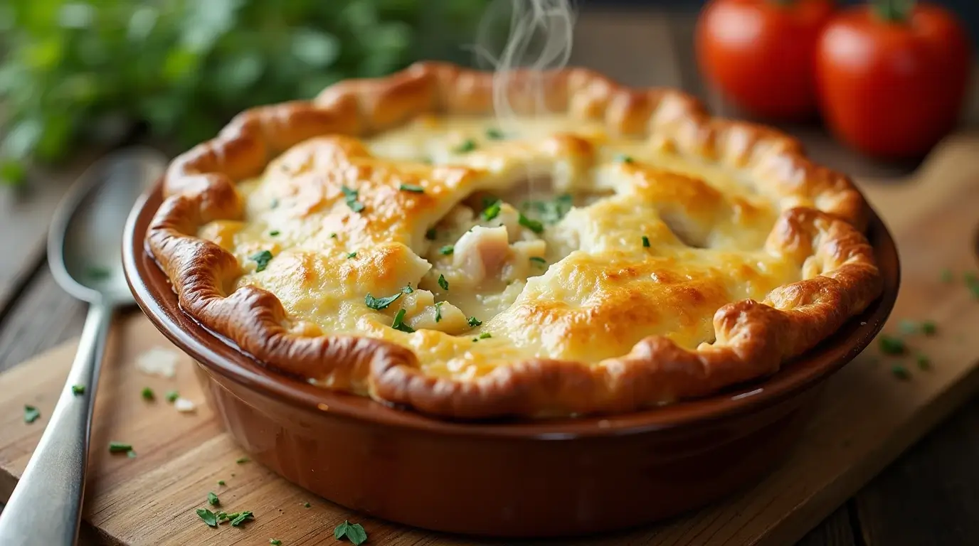 Freshly baked chicken pot pie with golden crust