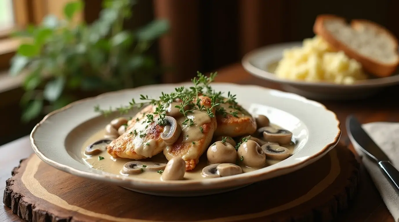 Creamy chicken and mushroom dish served with mashed potatoes.