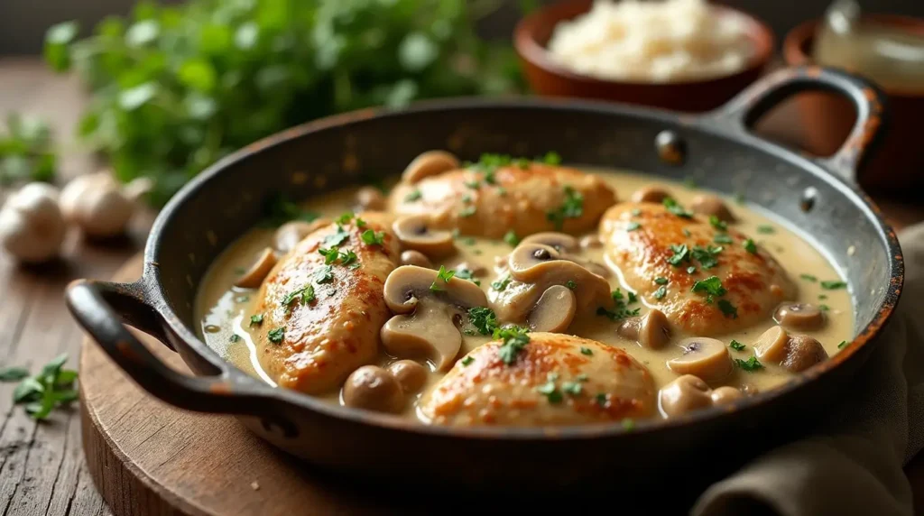 Chicken and Cream of Mushroom Recipe: A Comfort Food Classic Rustic skillet with chicken and cream of mushroom recipe ready to serve