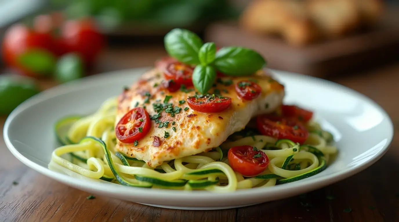 Creamy keto chicken with sun-dried tomatoes garnished with basil