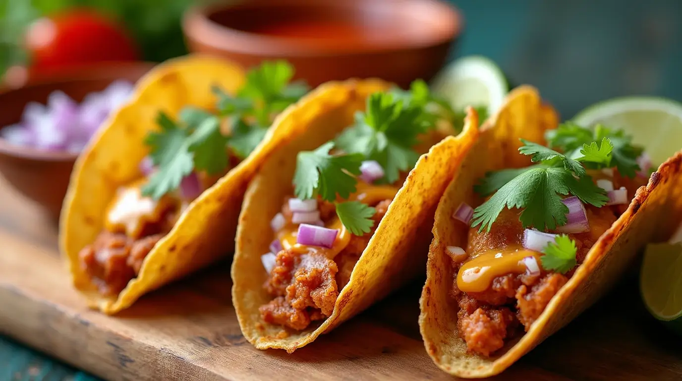 Chicken birria tacos with consomé on a rustic wooden table