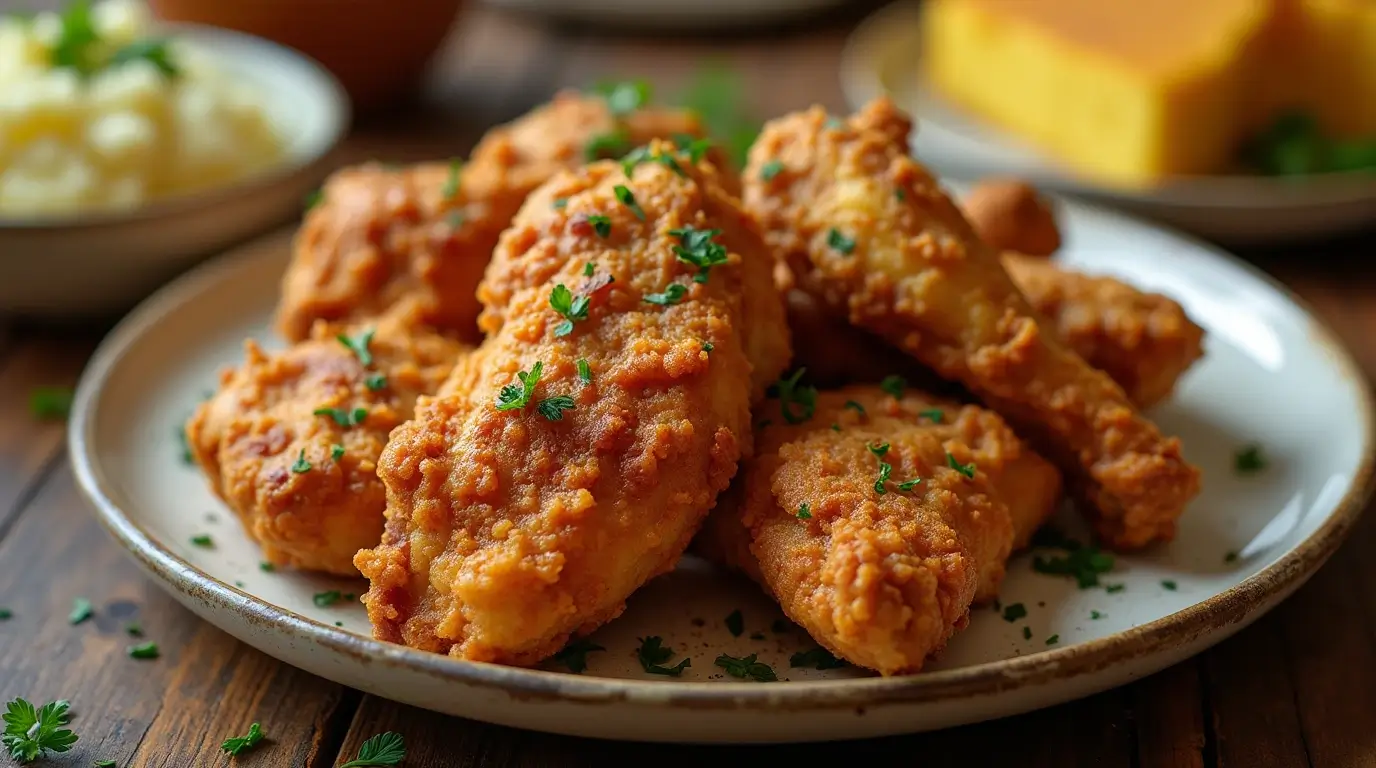 Golden crispy fried chicken without buttermilk on a rustic table.