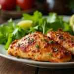 Caesar chicken recipe served with fresh salad and dressing