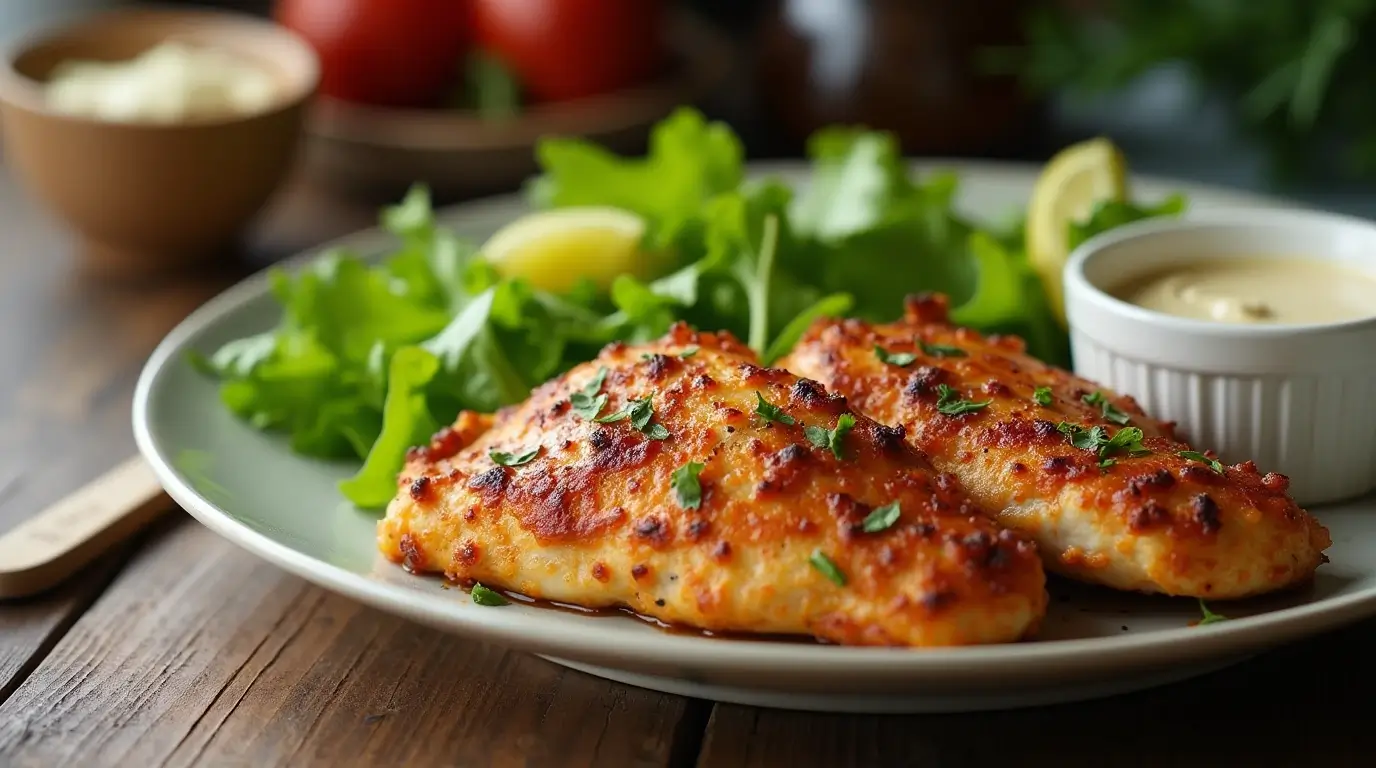 Caesar chicken recipe served with fresh salad and dressing