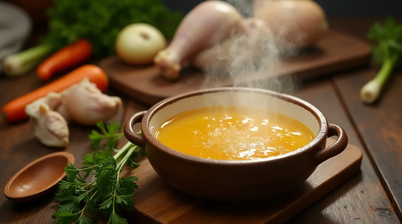 Steaming bowl of chicken bone broth in a rustic kitchen setting