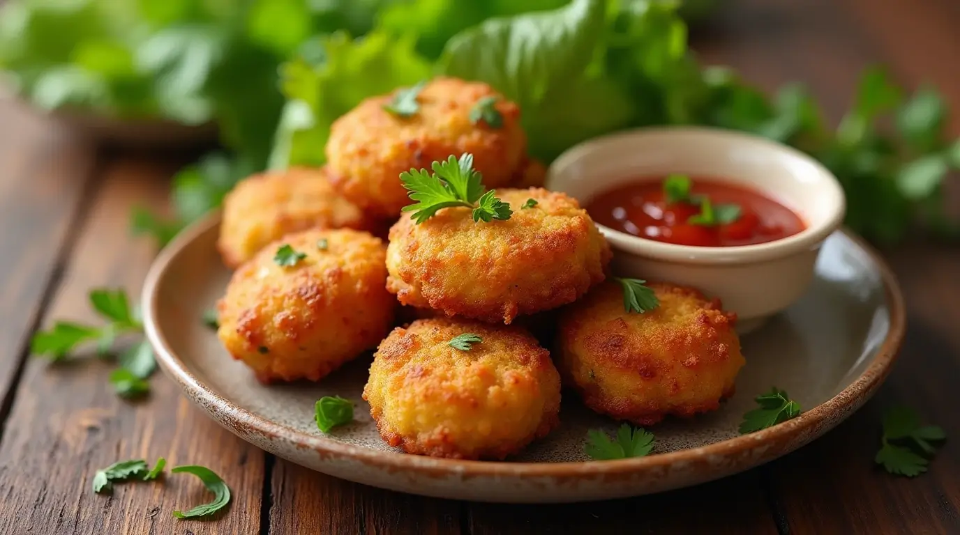 Golden crispy chicken fritters with dipping sauce.