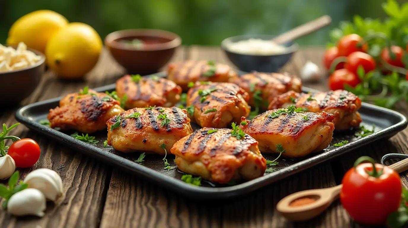 Perfectly grilled chicken thighs on a rustic table with herbs and spices.