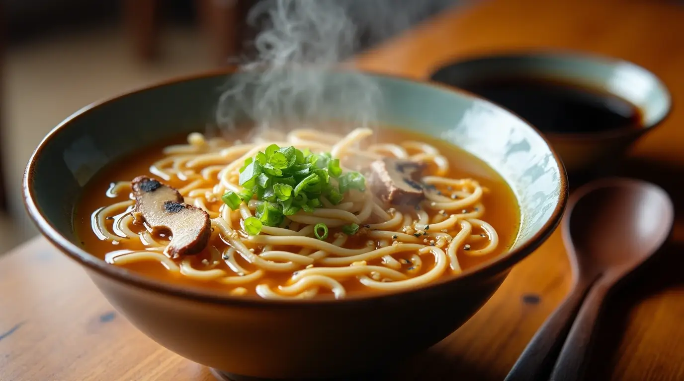 Steaming bowl of Japanese udon soup with enoki mushrooms and garnishes