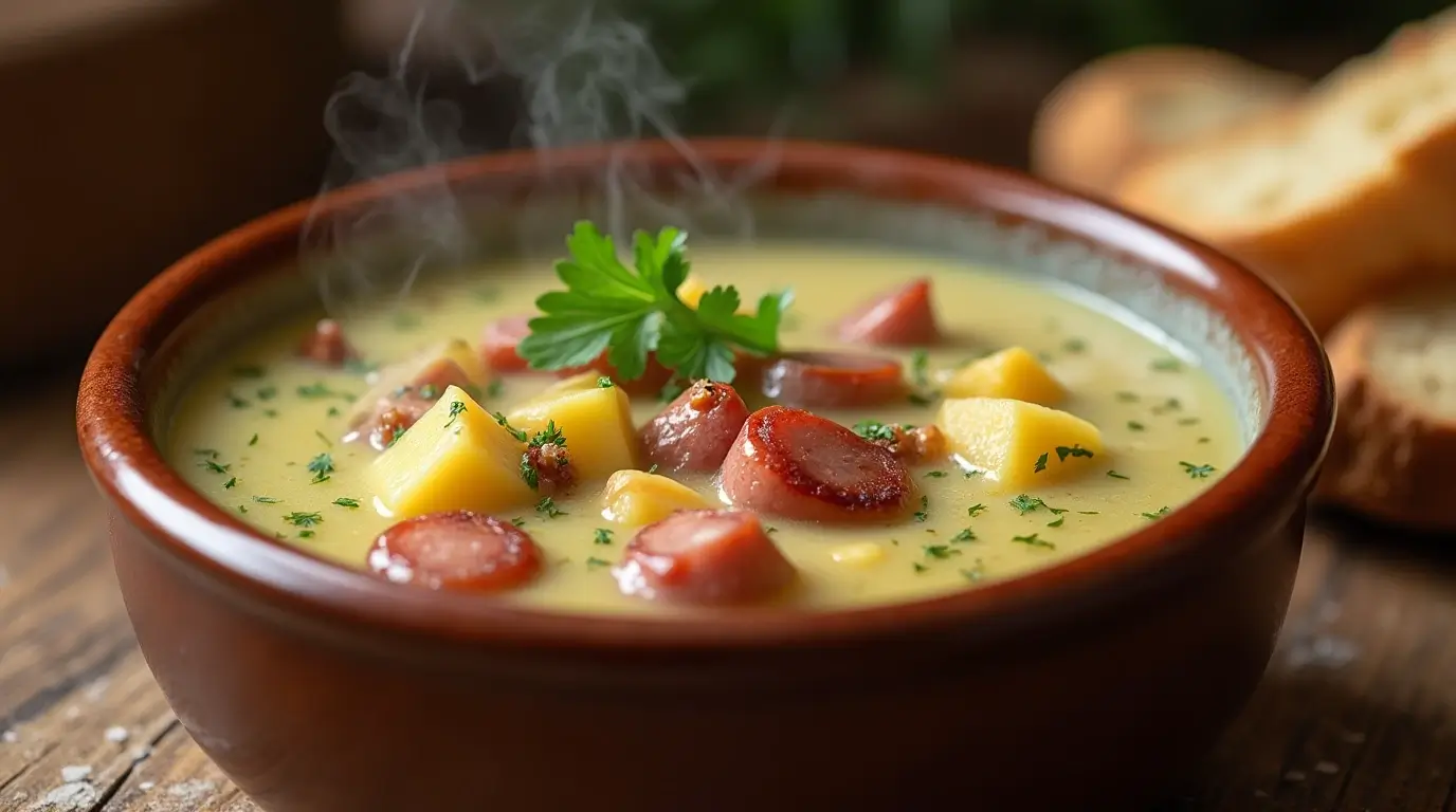 Steaming bowl of kielbasa potato soup with parsley garnish.