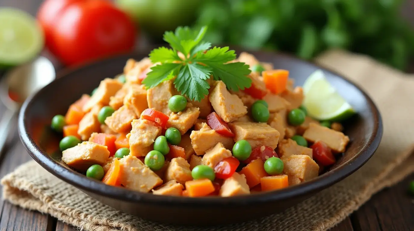 Vibrant bowl of Mexican chicken salad garnished with cilantro and lime wedges