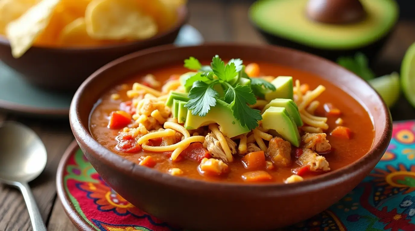 Bowl of Mexican chicken soup with chicken, avocado, tortilla strips, and lime