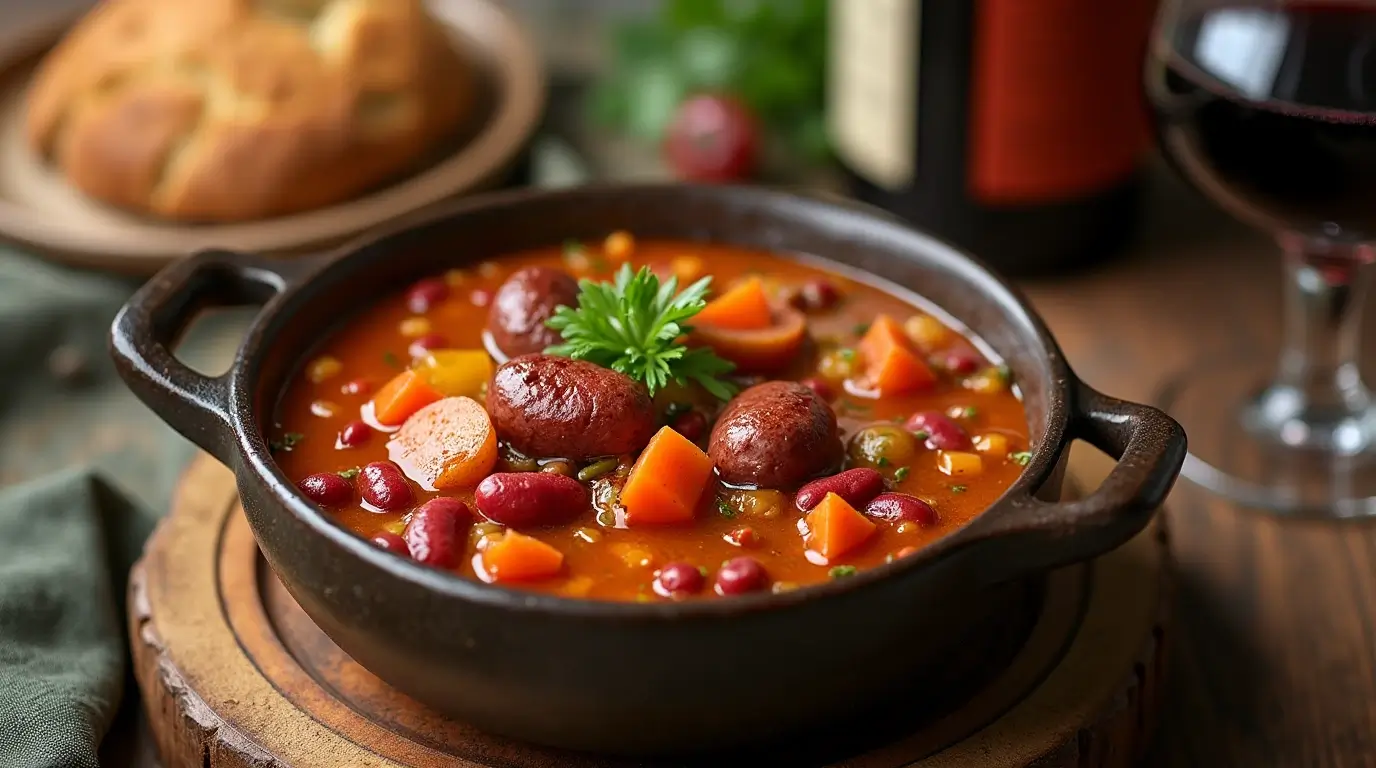 Bowl of Portuguese bean soup with bread and wine