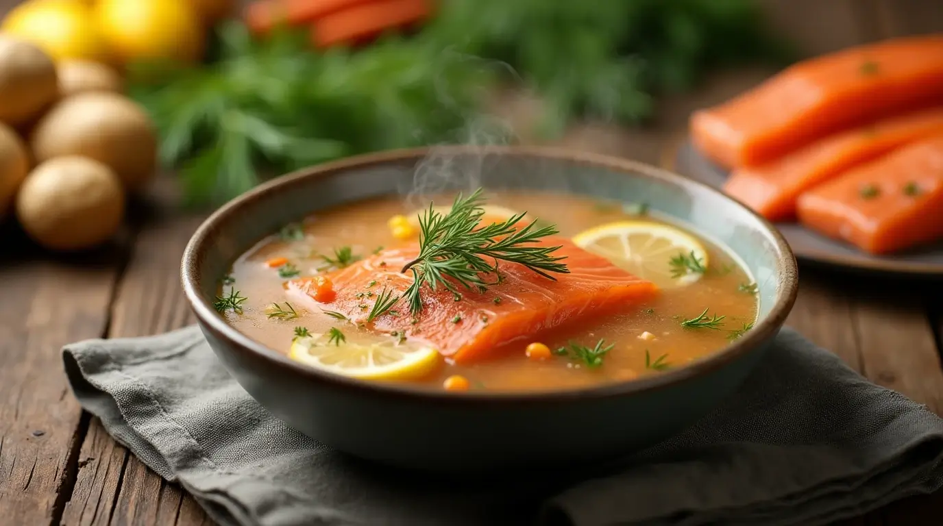 Steaming bowl of salmon soup with fresh ingredients