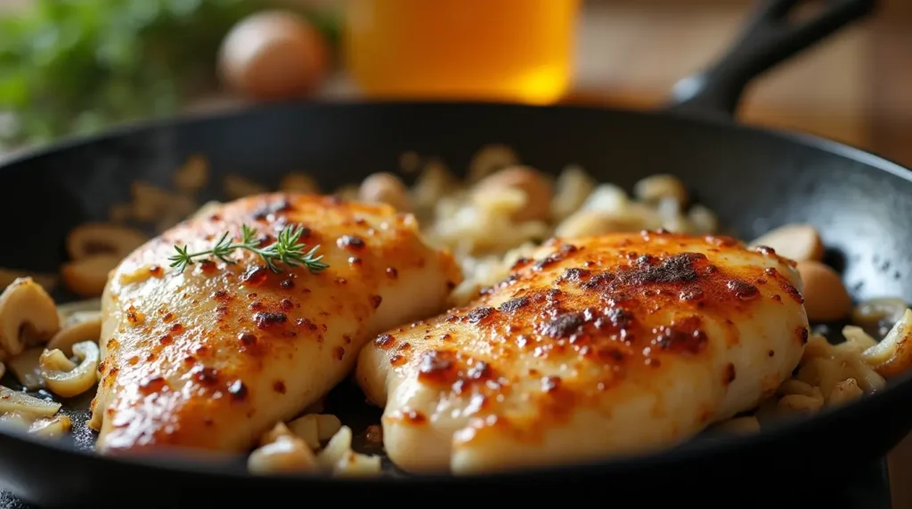 Chicken and Cream of Mushroom Recipe: A Comfort Food Classic Searing chicken in a skillet with onions and mushrooms