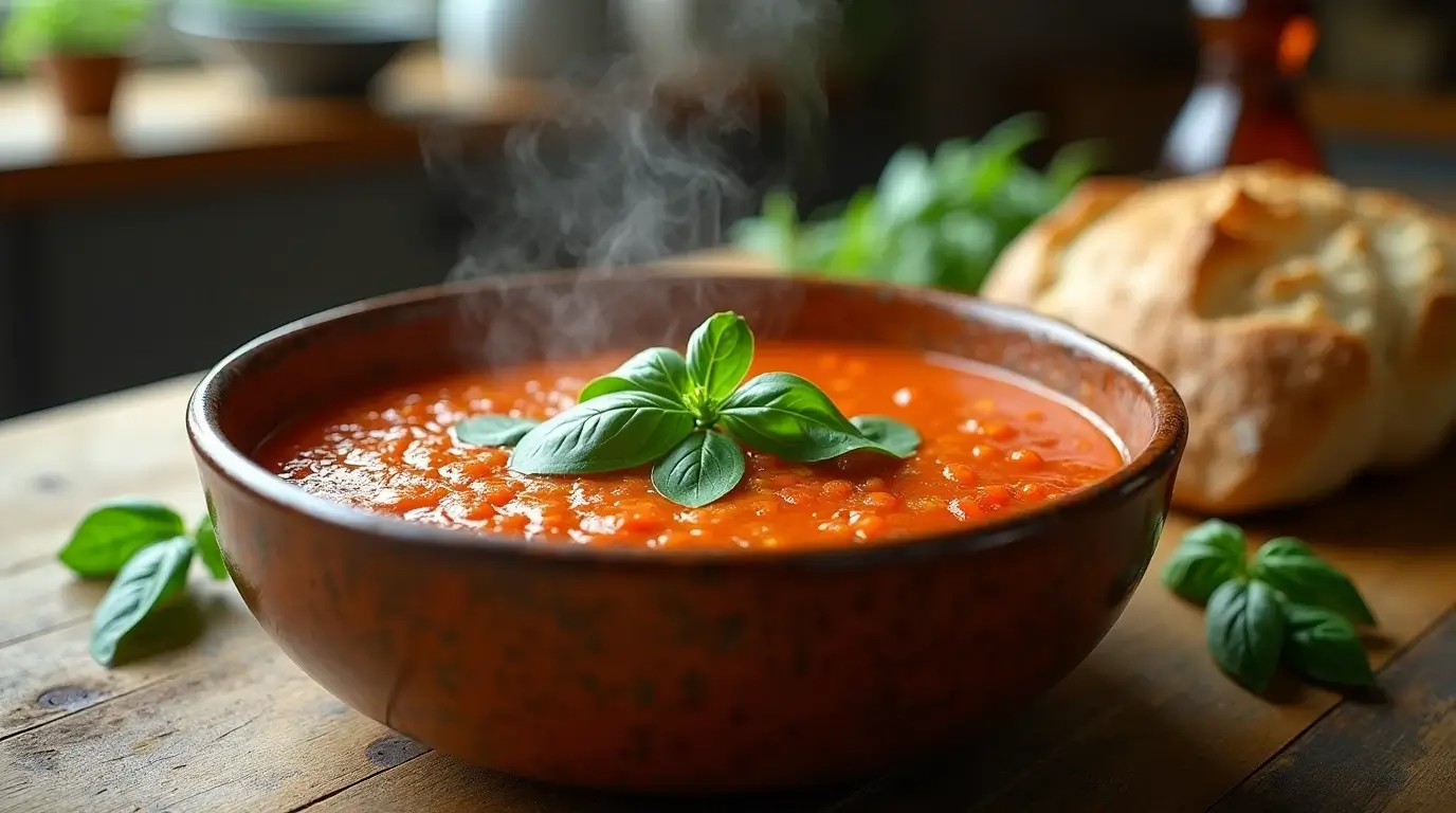 A bowl of tomato Florentine soup topped with spinach and olive oil