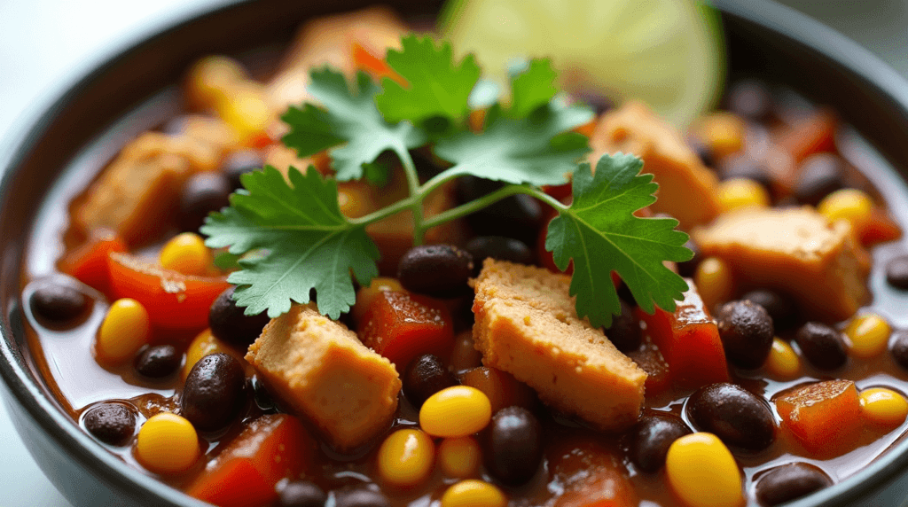High Protein Slow Cooker Recipes for Healthy and Easy Meals A bowl of a high protein slow cooker recipes of chicken and black bean stew