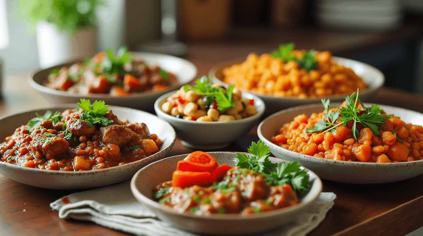 A variety of high protein slow cooker dishes, including chicken, beef stew, and lentil curry, displayed on a kitchen counter.