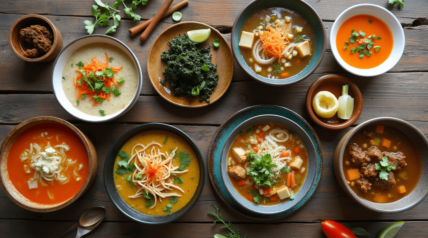 Various bowls of breakfast soups from different cultures.
