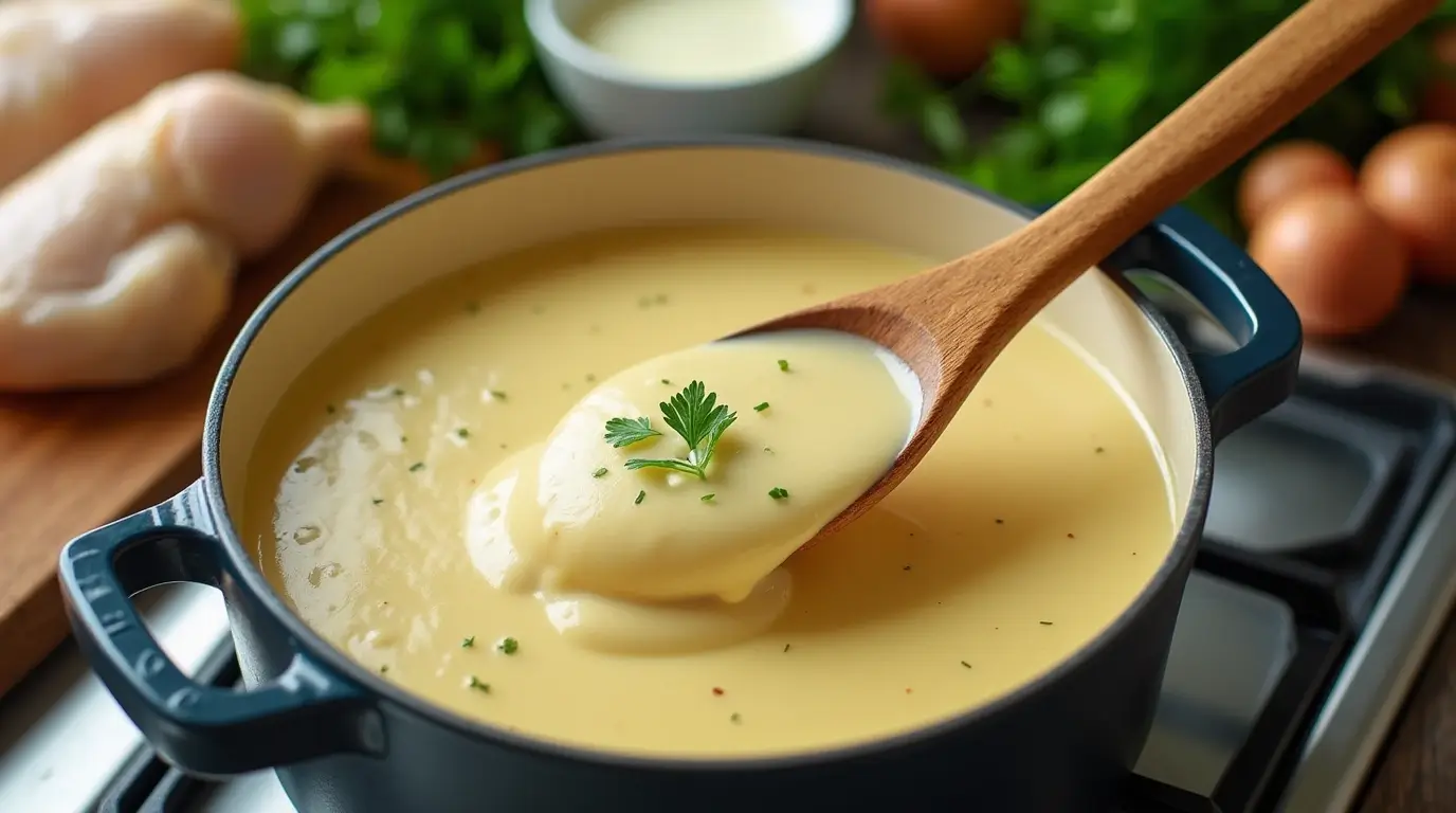 Homemade cream of chicken soup in a pot