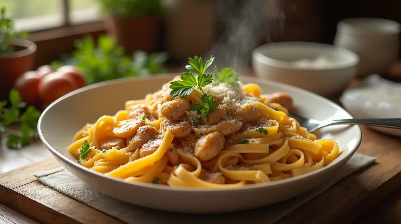 Creamy Chicken Sausage Pasta in a Rustic Kitchen Setting