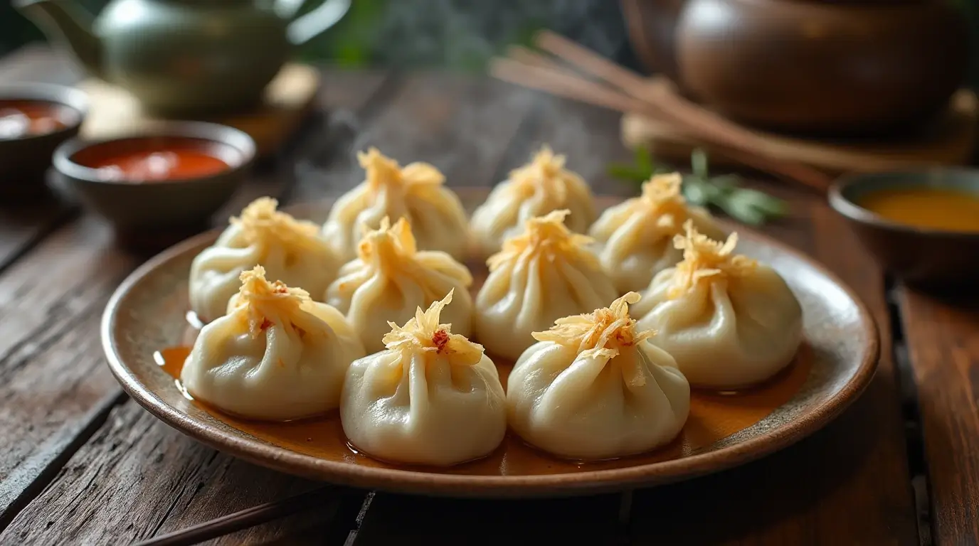 A platter of Bibigo soup dumplings with dipping sauces on a rustic table