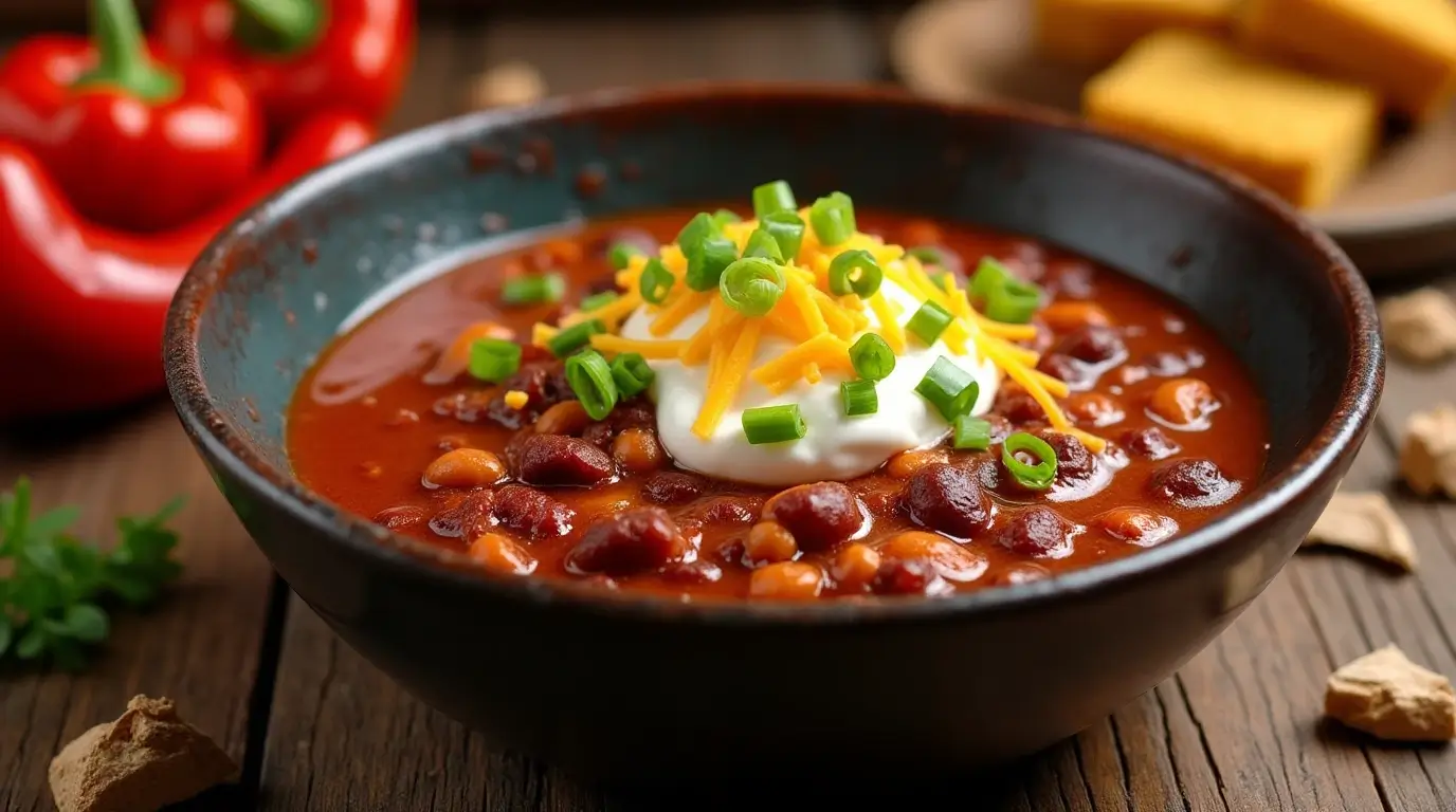 A hearty bowl of smoked chili garnished with sour cream and cheese, served on a rustic wooden table.