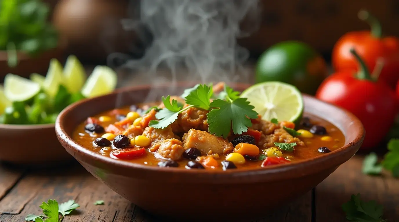 A steaming bowl of chicken poblano soup garnished with cilantro and lime.