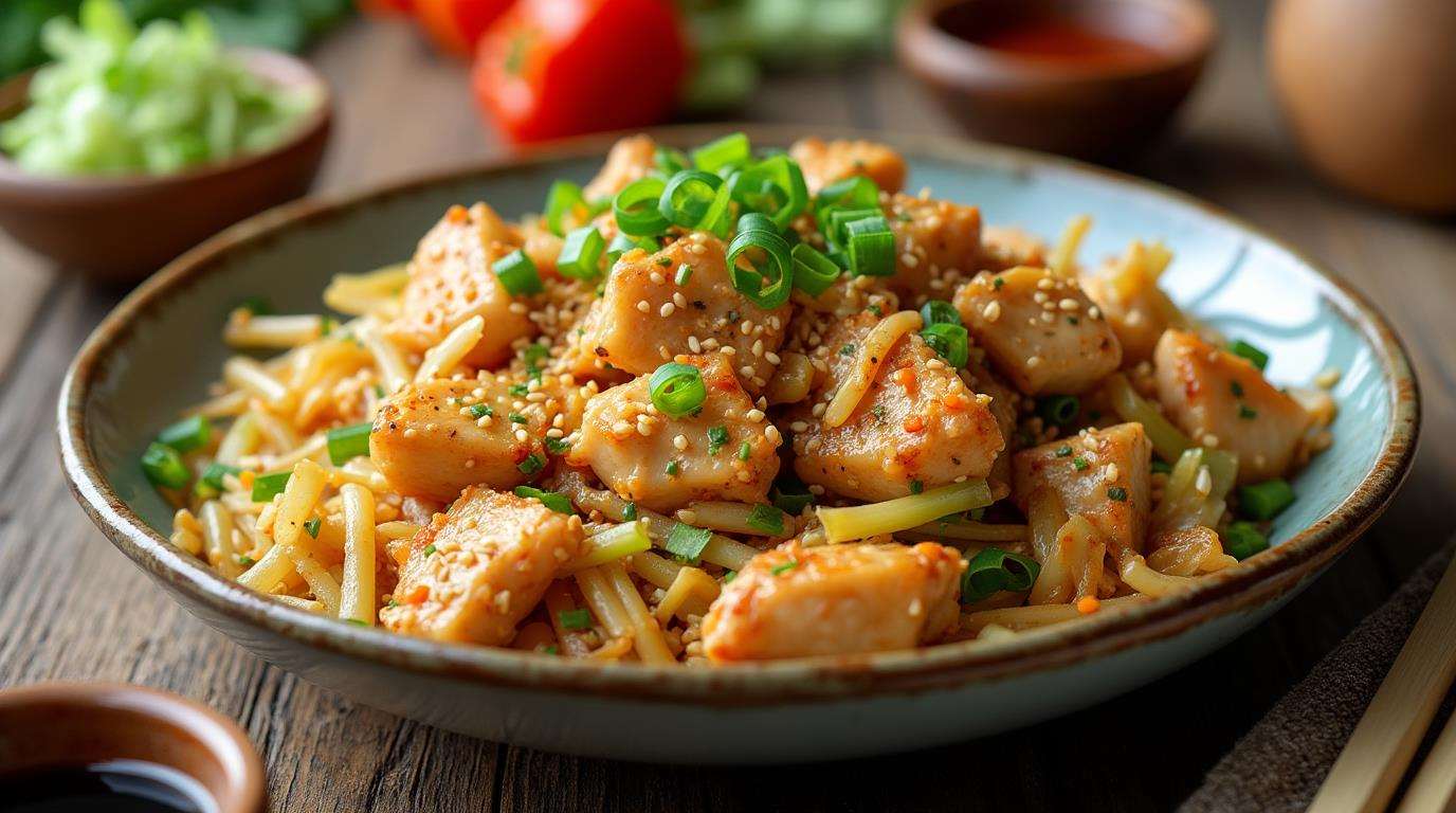 Chicken And Cabbage Stir Fry On Rustic Table