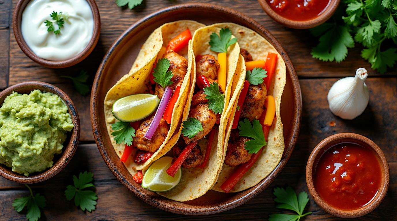 A vibrant plate of fajitas de pollo with colorful toppings.