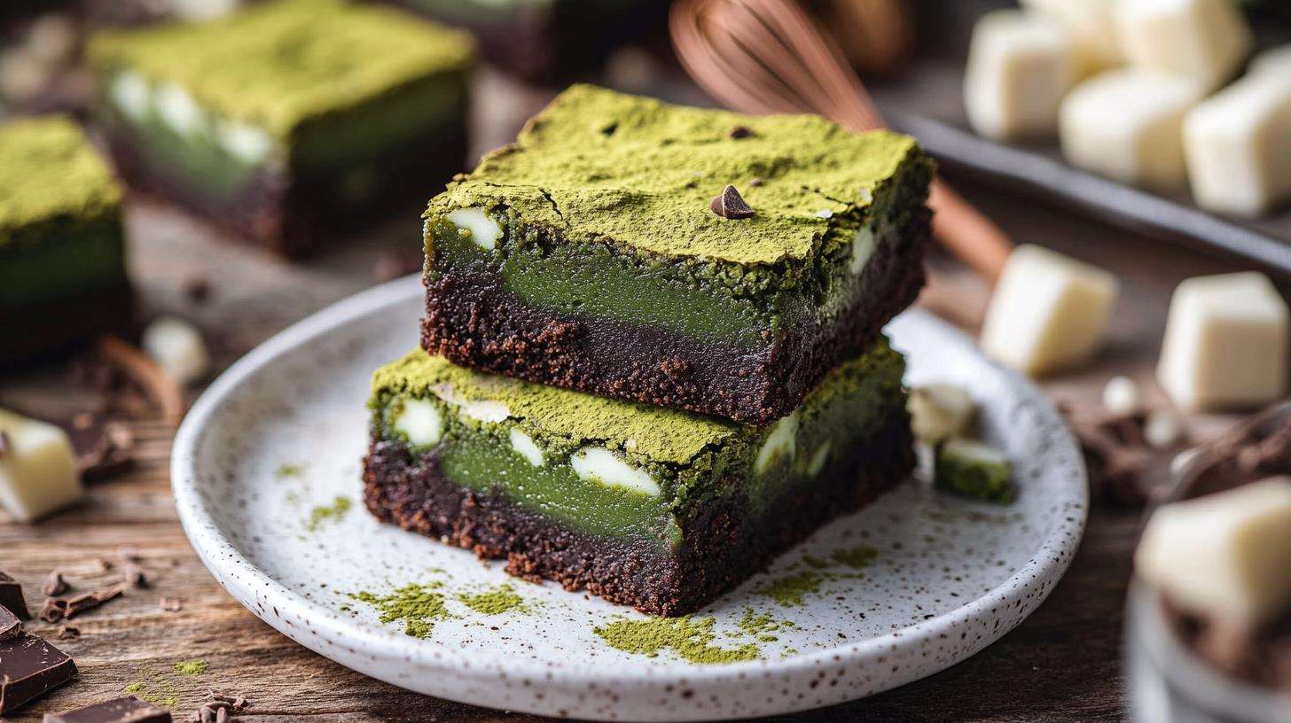 Fudgy Matcha Brownies On A Plate