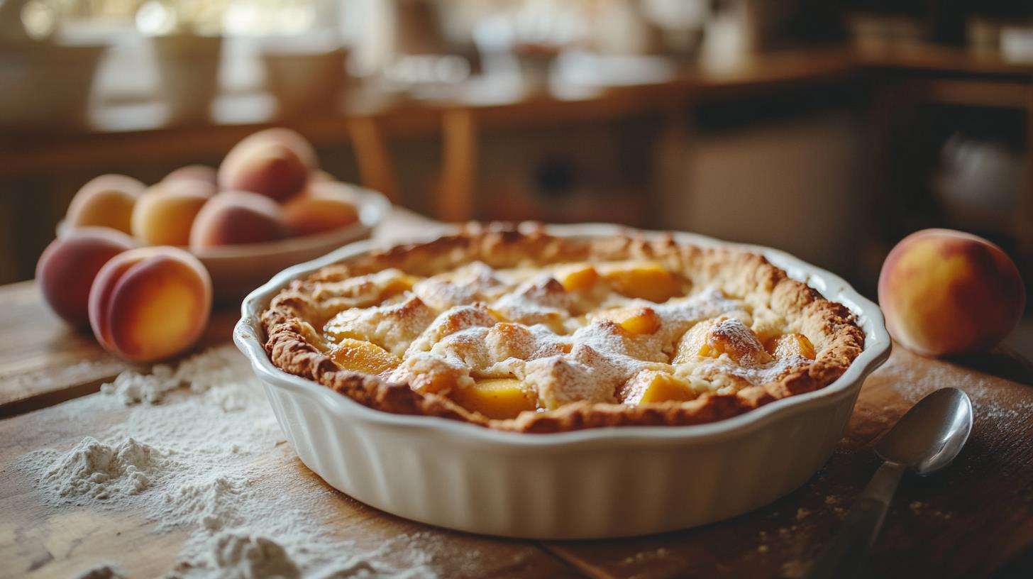 Gluten Free Peach Cobbler In Rustic Baking Dish