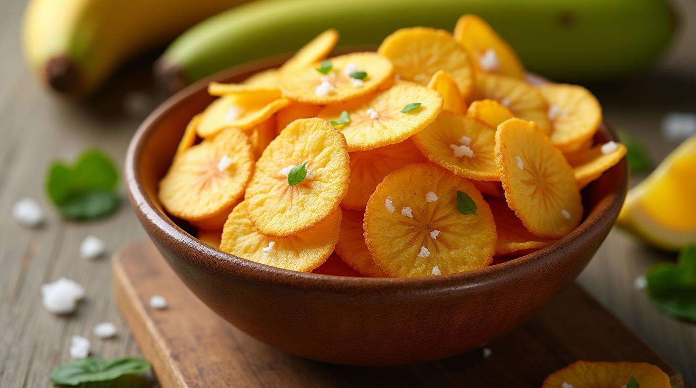 Golden Crispy Plantain Chips In Rustic Bowl