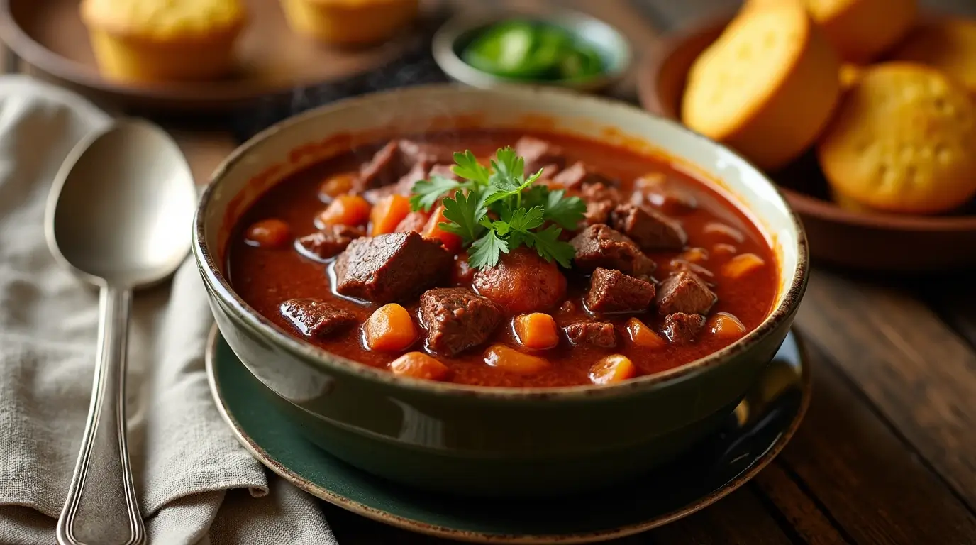 A hearty bowl of steak chili with toppings and sides.