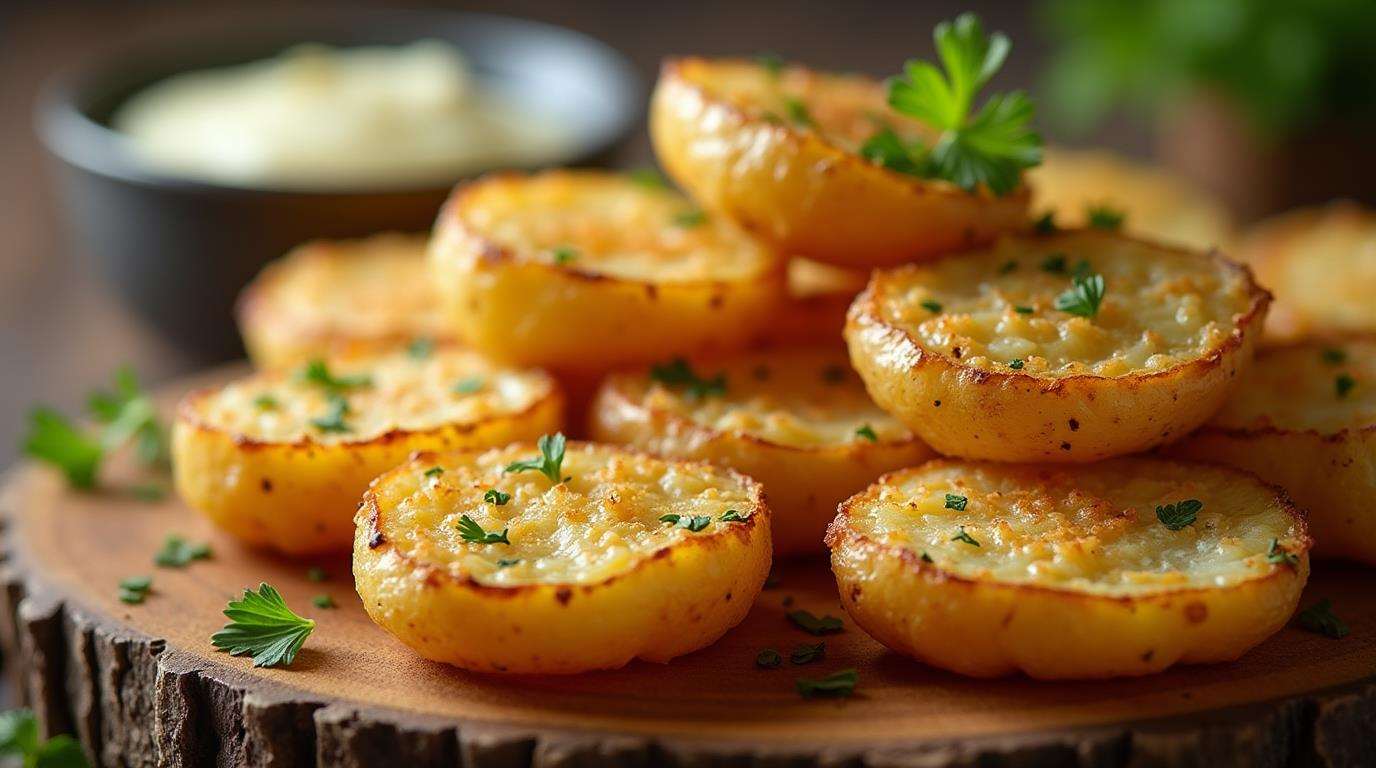 Smashed Parmesan Potatoes On A Rustic Board.