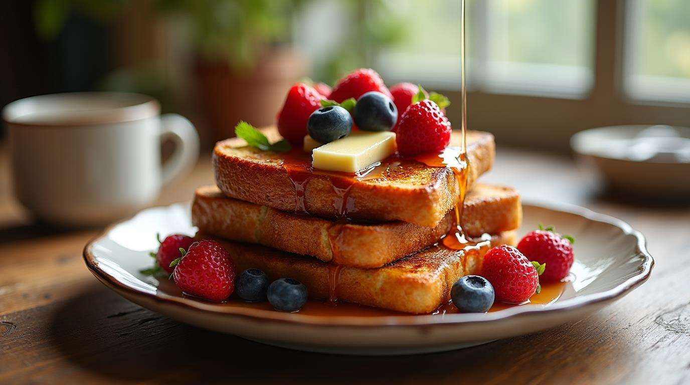 Golden stack of sourdough French toast with toppings