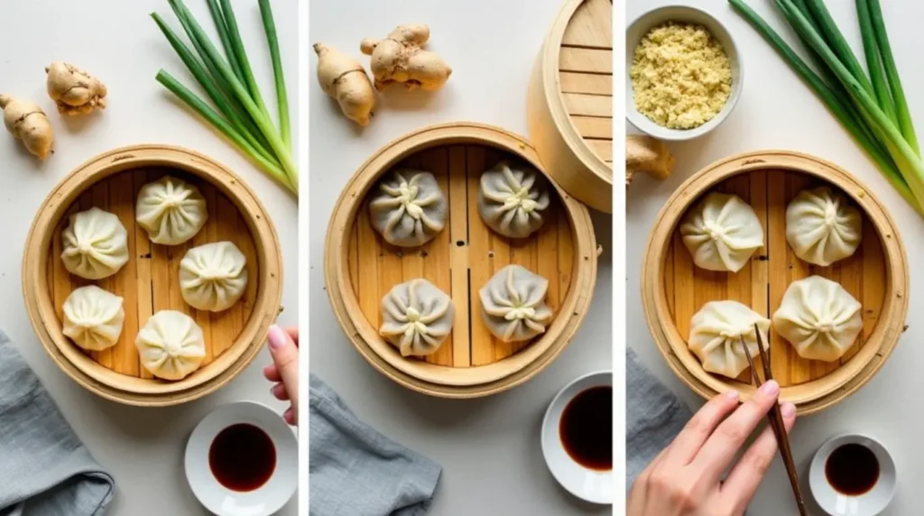 Bibigo Soup Dumplings: Everything You Need To Know Cooking Bibigo soup dumplings in a bamboo steamer with fresh ingredients