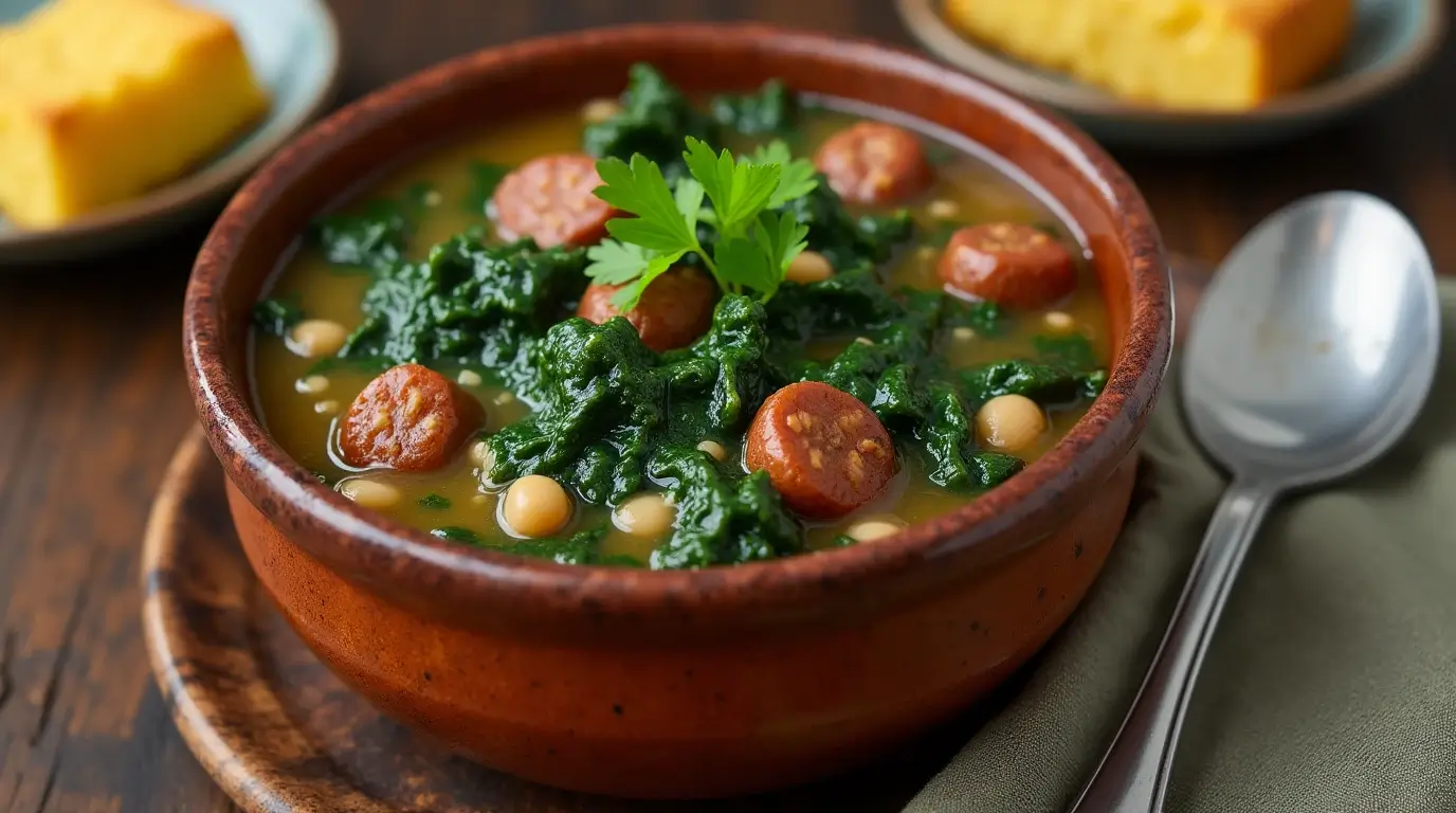 Rustic bowl of swamp soup with greens, beans, and sausage