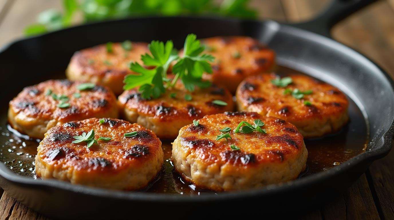 Turkey Sausage Patties Cooking In A Skillet