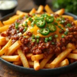 Chili cheese fries with toppings on a rustic wooden table