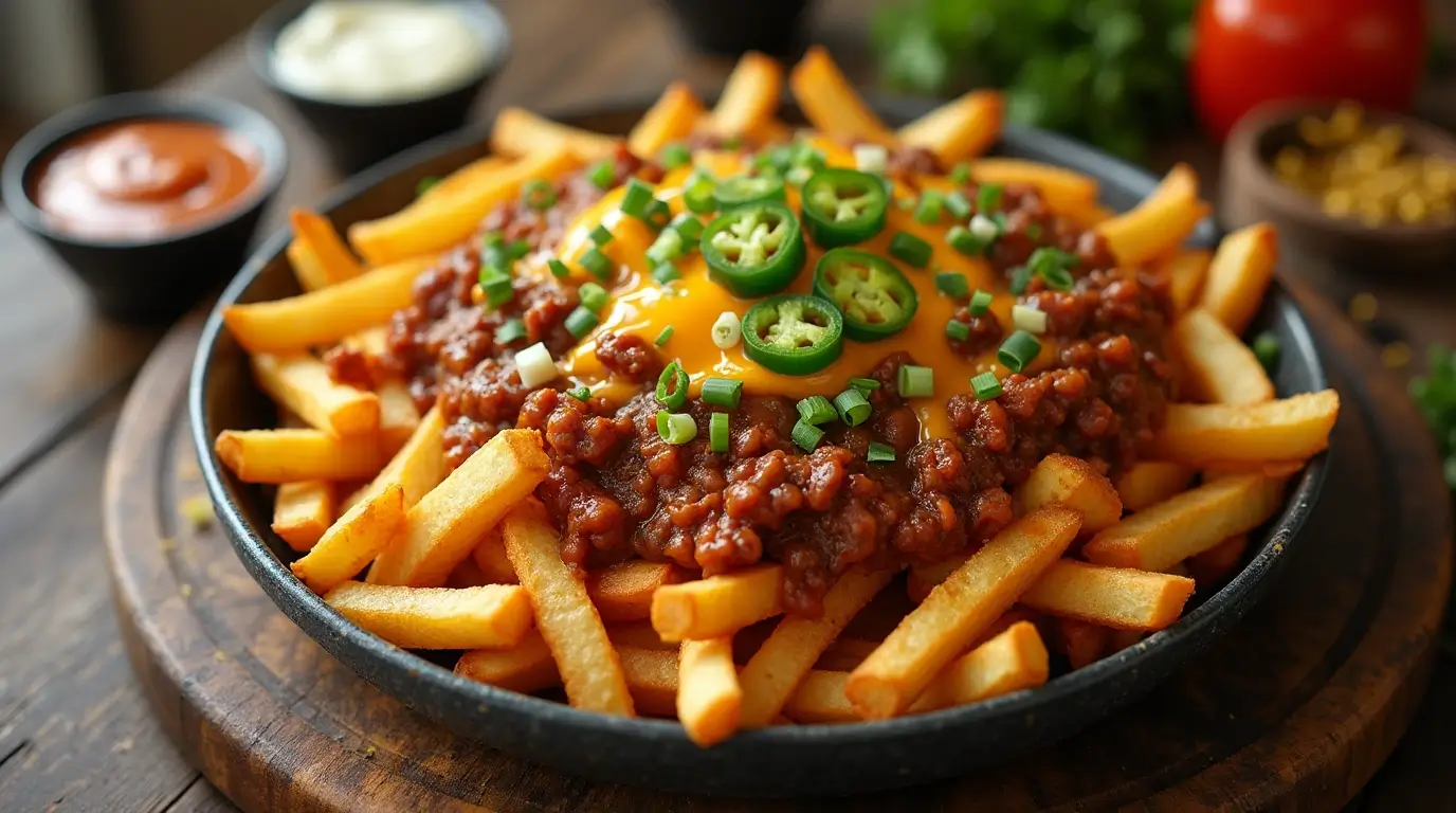 Chili cheese fries with toppings on a rustic wooden table