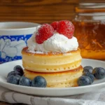 The Ultimate Guide to Japanese Soufflé Pancakes Fluffy, Tall, and Irresistible Fluffy Japanese soufflé pancakes stacked with whipped cream, fresh raspberries, and blueberries, dusted with powdered sugar.