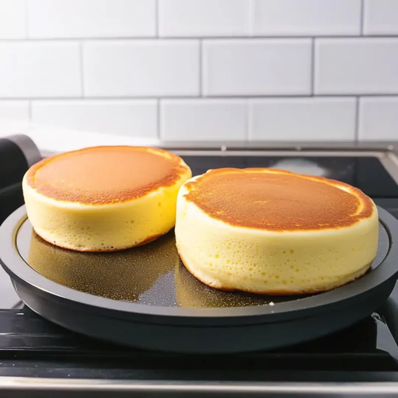 The Ultimate Guide to Japanese Soufflé Pancakes Fluffy, Tall, and Irresistible Two thick and fluffy Japanese soufflé pancakes cooking on a non-stick griddle, achieving a golden brown top.