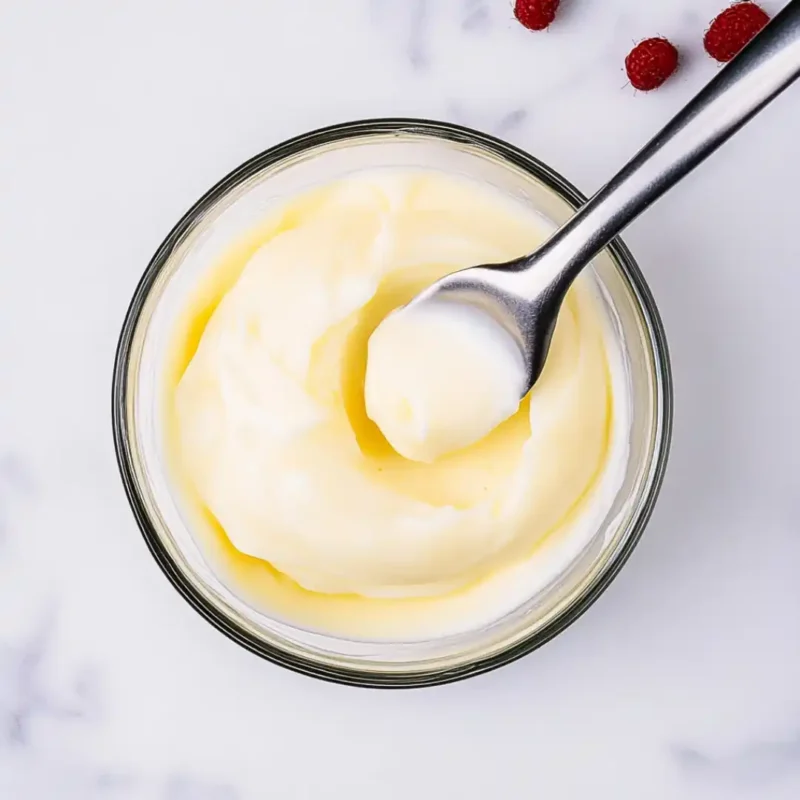 The Ultimate Guide to Japanese Soufflé Pancakes Fluffy, Tall, and Irresistible Smooth and creamy custard in a glass bowl with a spoon, essential for making fluffy Japanese soufflé pancakes
