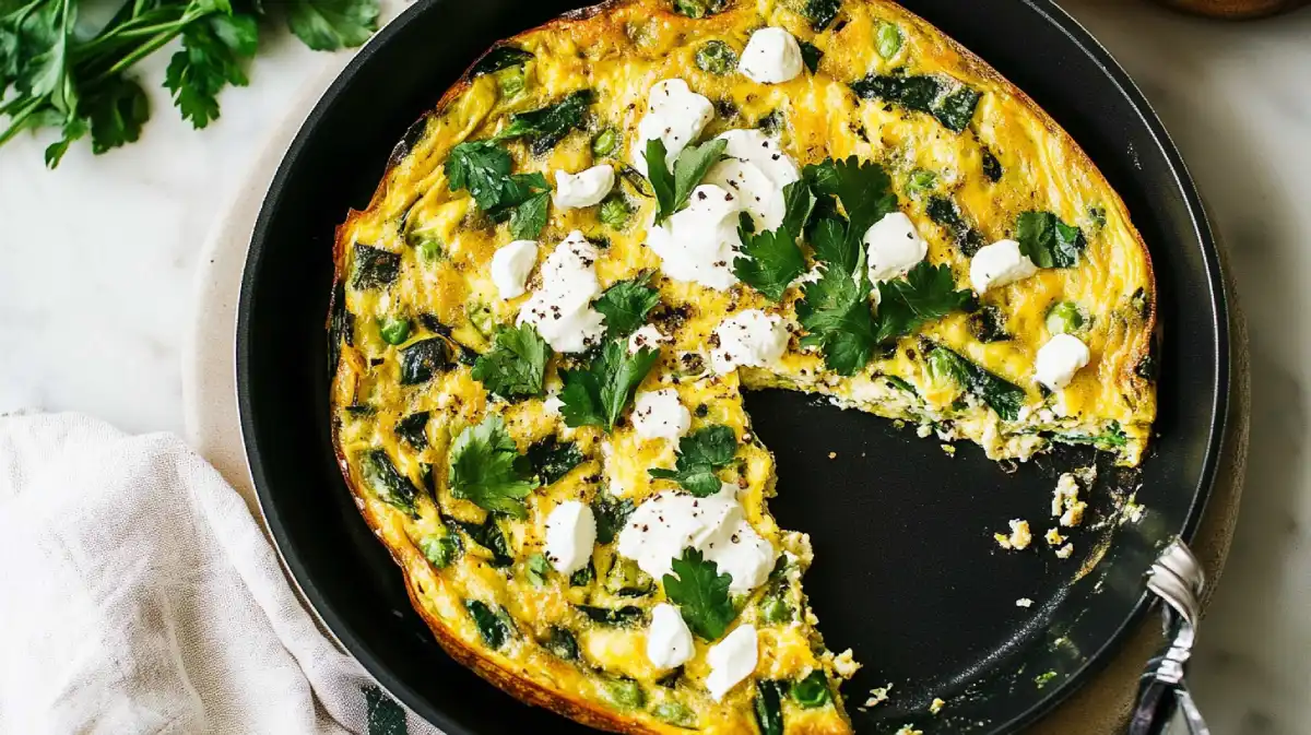 Golden-brown spring vegetable frittata in a black skillet, topped with crumbled goat cheese and fresh parsley, with a slice removed