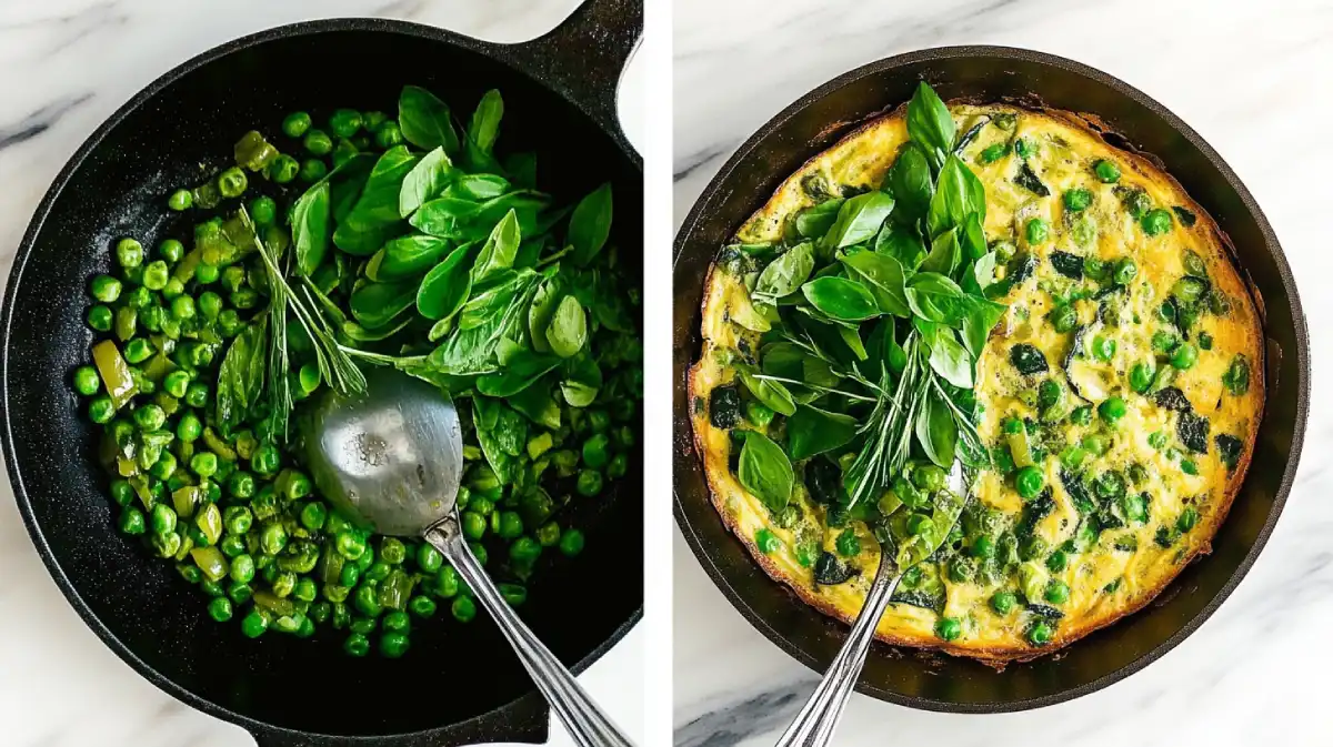 Side-by-side images of spring vegetable frittata preparation: sautéed green peas, spinach, and herbs in a cast-iron skillet, followed by the baked frittata garnished with fresh basil and rosemary