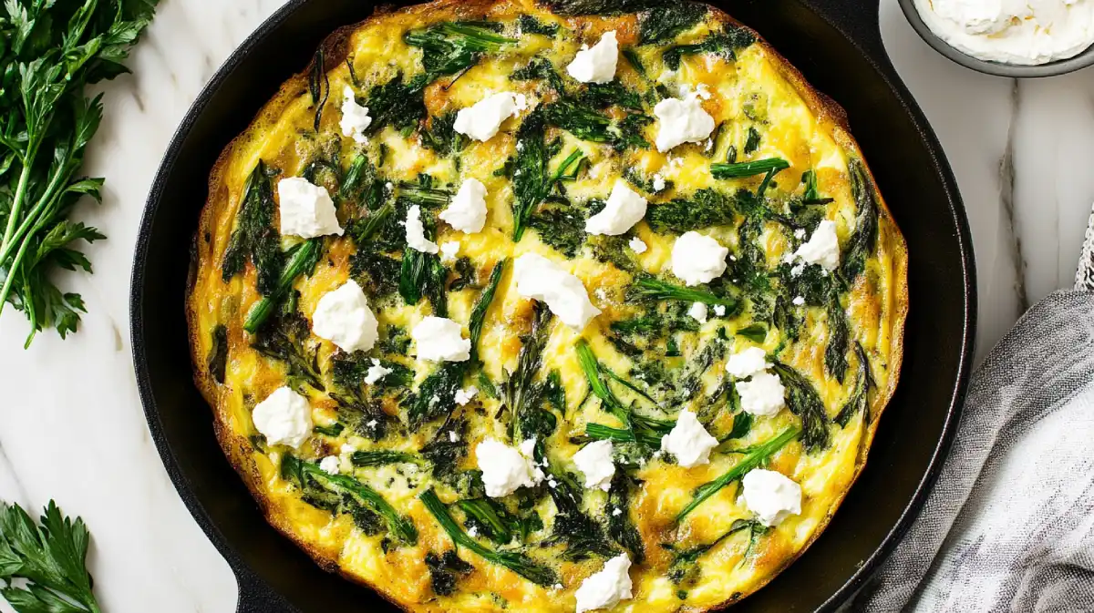 Golden-brown spring vegetable frittata in a cast-iron skillet, topped with crumbled ricotta cheese and fresh greens